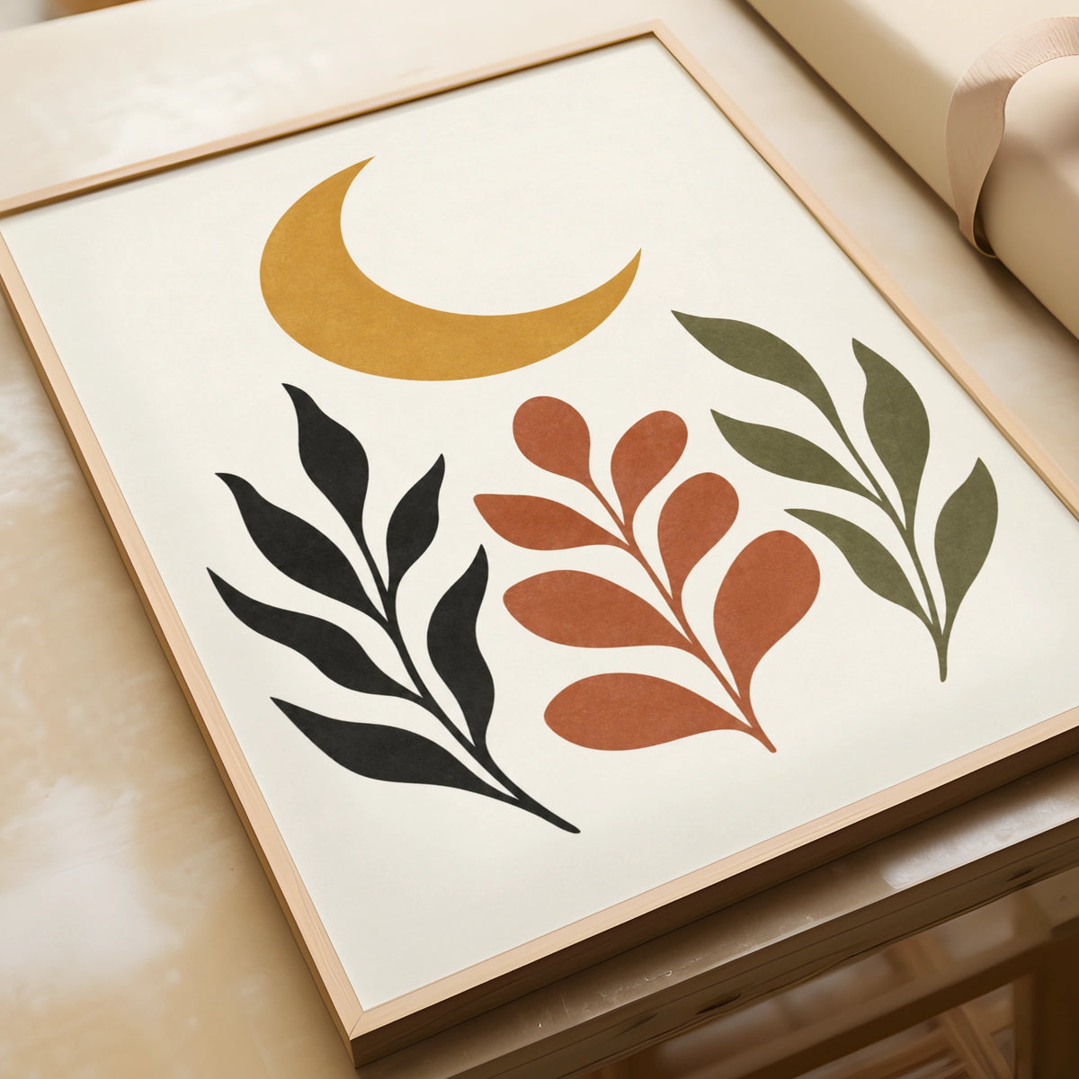 Ochre Moon Garden Botanical Poster, Boho Crescent Moon Wall Art, Terracotta Leaf Print