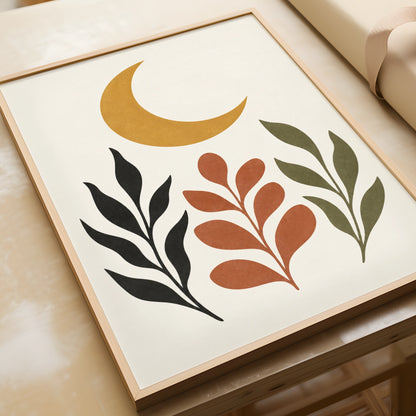 Ochre Moon Garden Botanical Poster, Boho Crescent Moon Wall Art, Terracotta Leaf Print