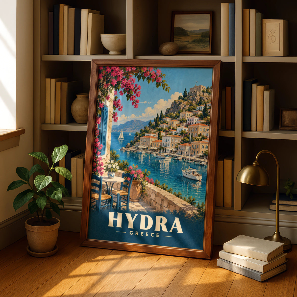 Hydra Greece Travel Poster, Greek Island Harbour Wall Art, Mediterranean Print