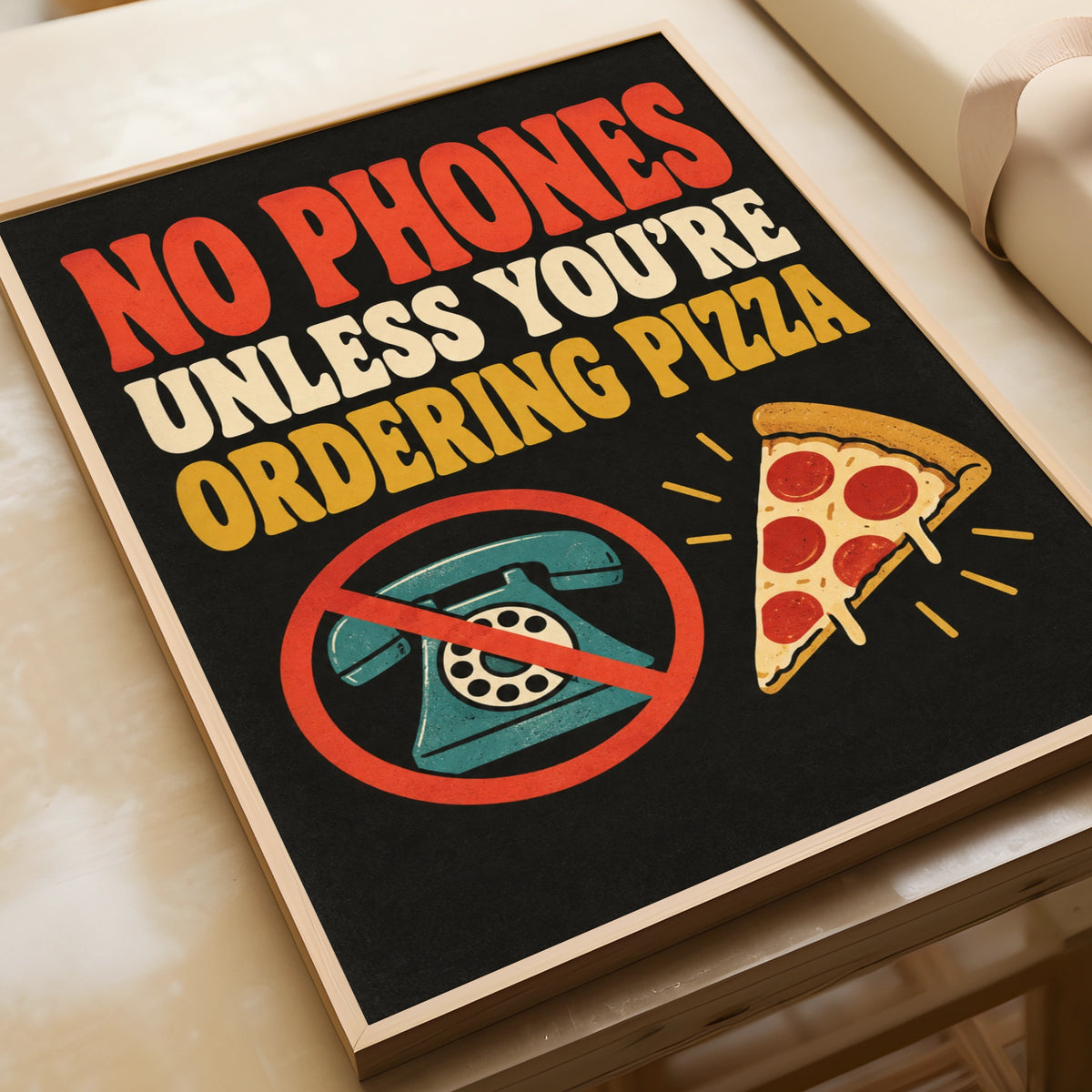 No Phones Unless Ordering Pizza Poster, Funny Kitchen Wall Art, Retro Quote Print