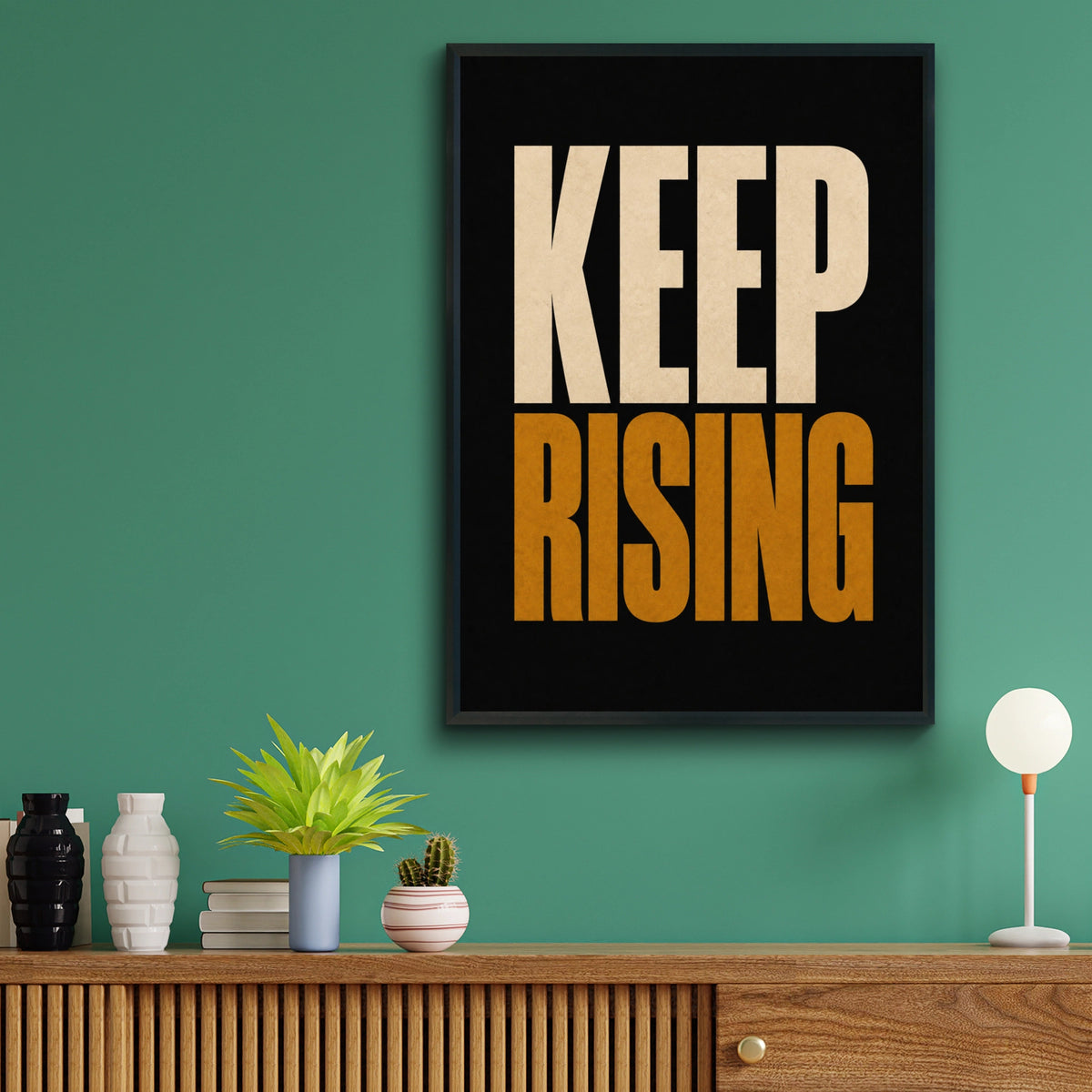 Keep Rising Motivational Poster, Bold Typography Wall Art, Black Gold Office Print