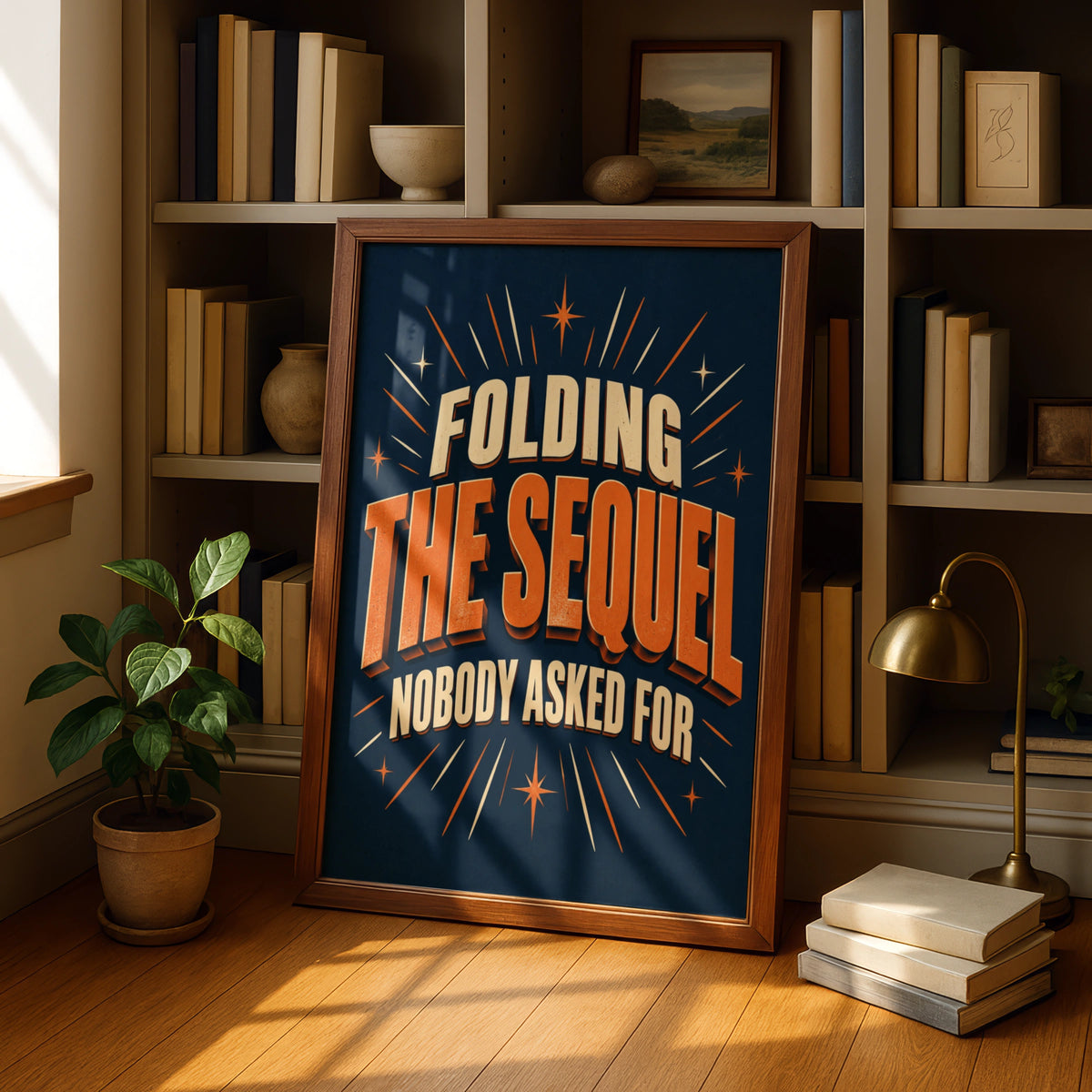Folding The Sequel Nobody Asked For, Funny Laundry Poster, Navy Orange Home Humour Wall Art