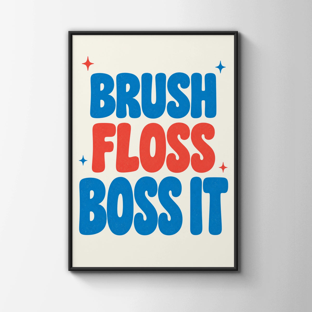 Brush Floss Boss It Bathroom Poster, Funny Dental Wall Art, Kids Retro Print