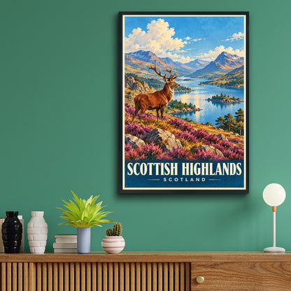 Scottish Highlands Scotland Poster, Red Deer Stag Print, Loch Mountain Wall Art, Vintage Travel