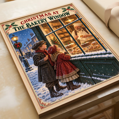 Christmas Bakery Window Poster, Vintage Victorian Snowy Street Wall Art Print
