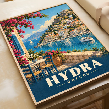 Hydra Greece Travel Poster, Greek Island Harbour Wall Art, Mediterranean Print