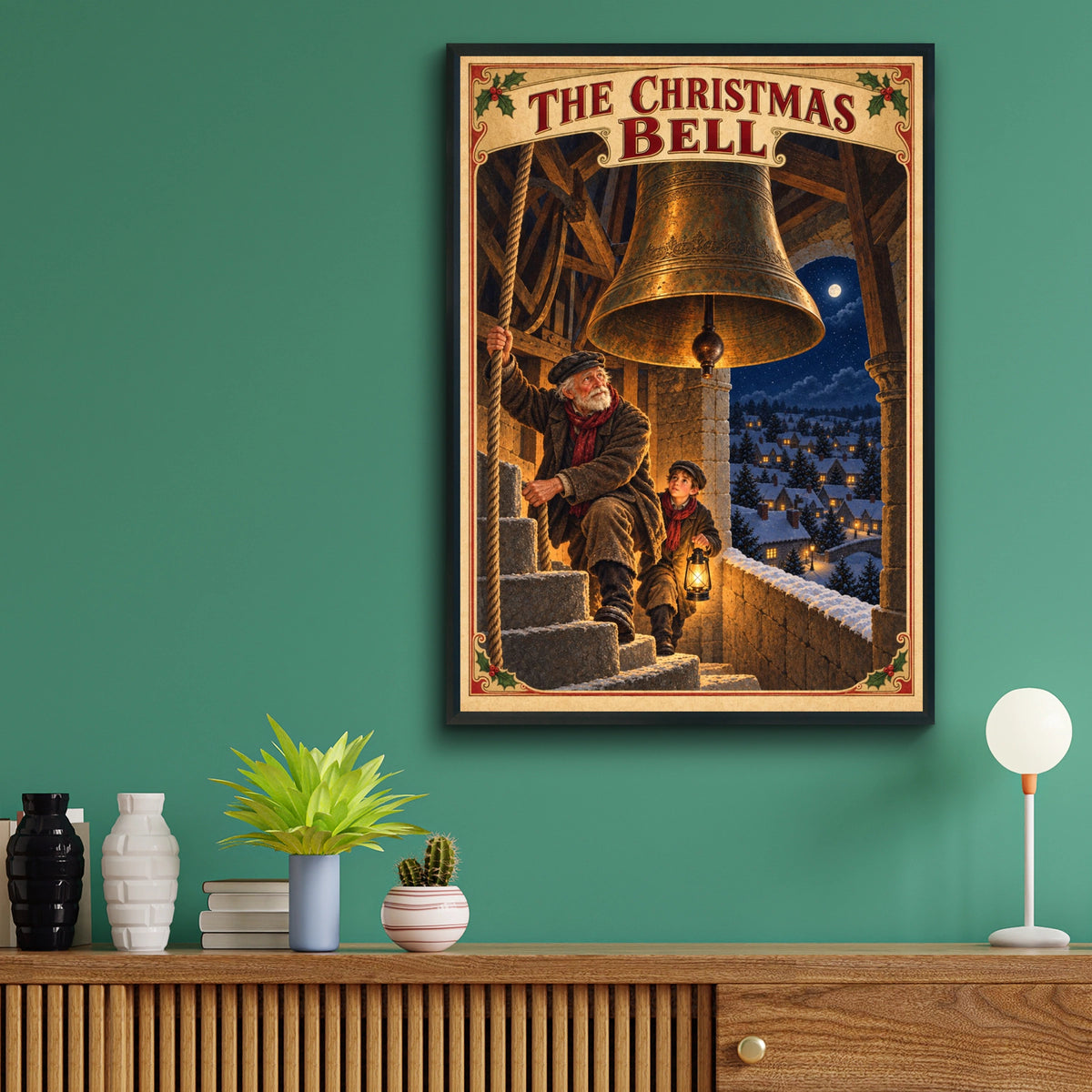Victorian Christmas Bell Tower Poster, Vintage Festive Wall Art, Snowy Village Print