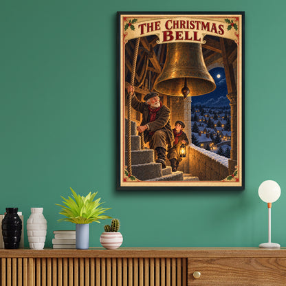 Victorian Christmas Bell Tower Poster, Vintage Festive Wall Art, Snowy Village Print