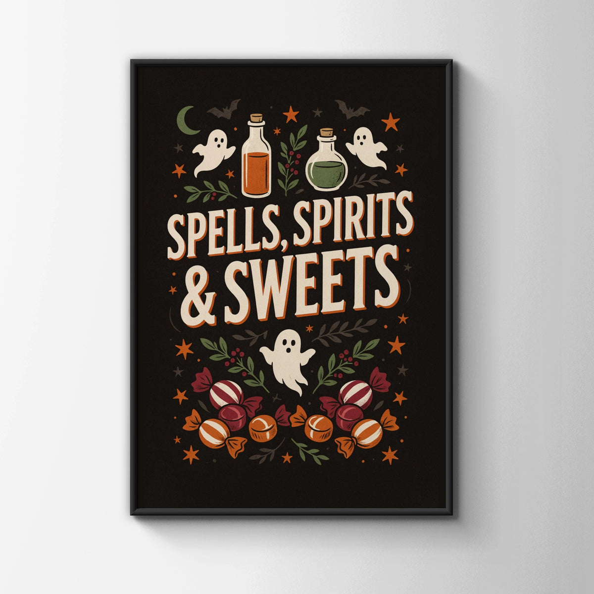 Spells Spirits and Sweets Halloween Poster, Witchy Ghost Wall Art, Dark Retro Print