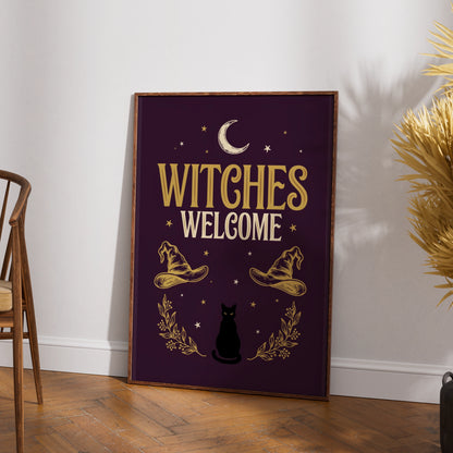 Witches Welcome Poster, Black Cat Moon Wall Art, Gothic Halloween Print, Dark Purple Gold