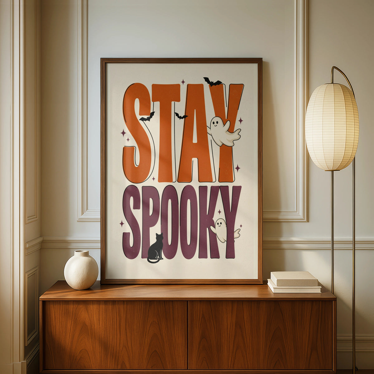 Stay Spooky Halloween Poster, Ghost Bat Black Cat Wall Art, Retro Orange Purple Print