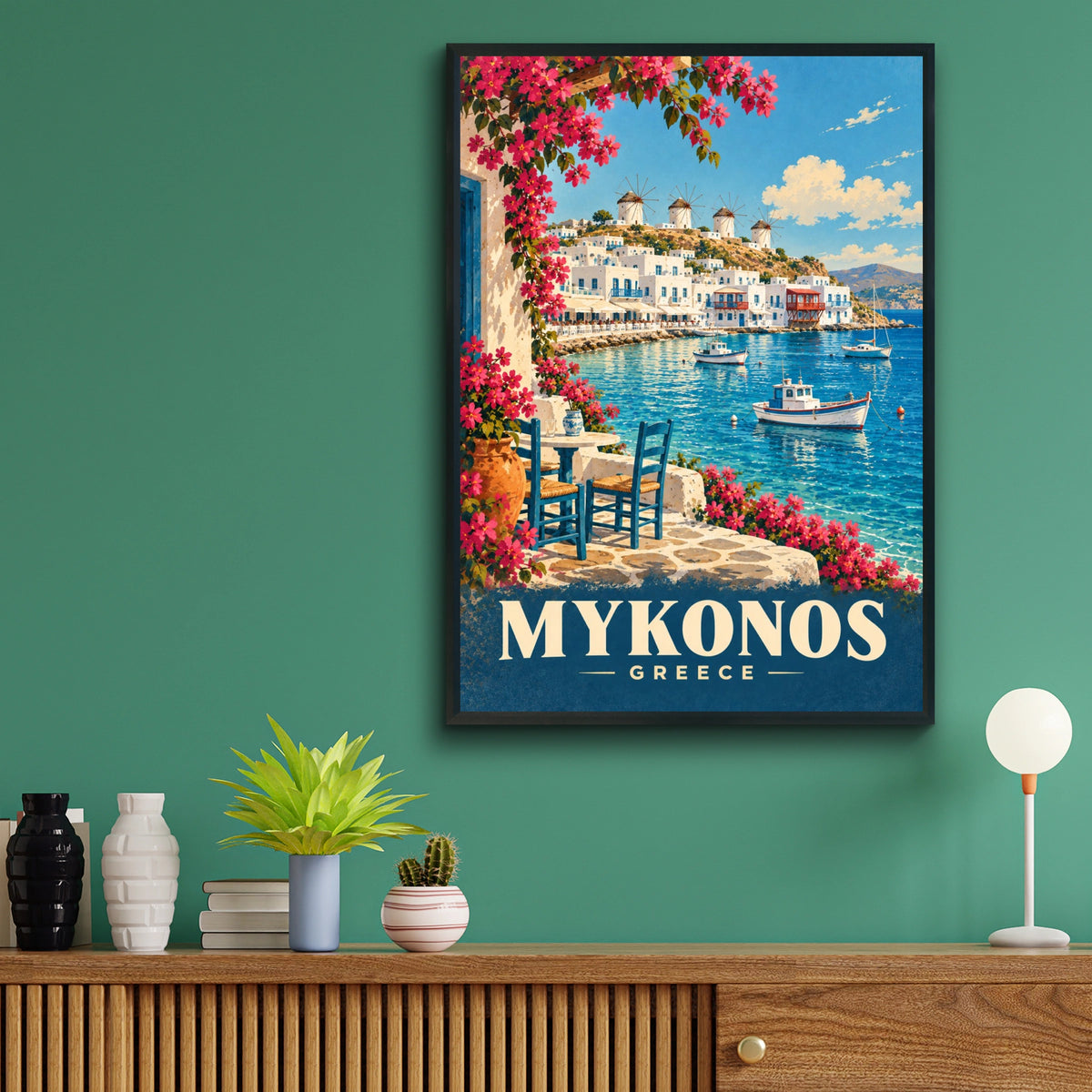 Mykonos Greece Travel Poster, Greek Island Wall Art, Aegean Sea Windmill Print