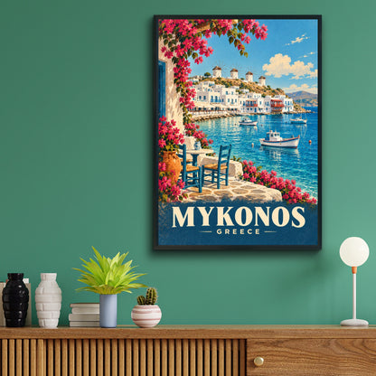 Mykonos Greece Travel Poster, Greek Island Wall Art, Aegean Sea Windmill Print