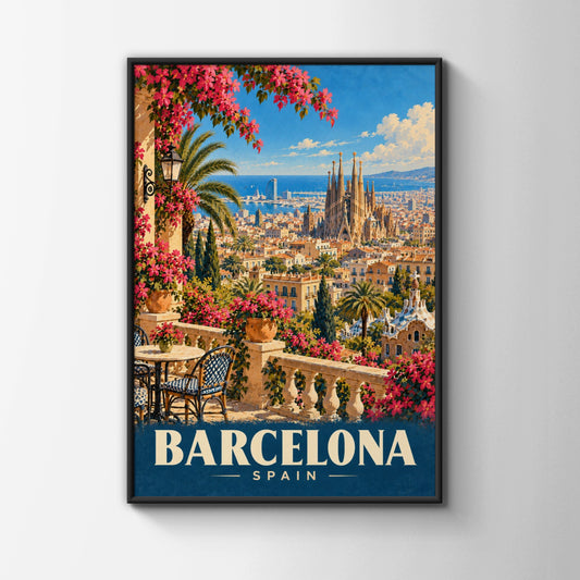 Barcelona Spain Travel Poster, Sagrada Familia Wall Art, Vintage City Print