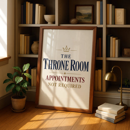 Throne Room Funny Bathroom Poster, Toilet Humour Wall Art, Navy Gold Crown Print