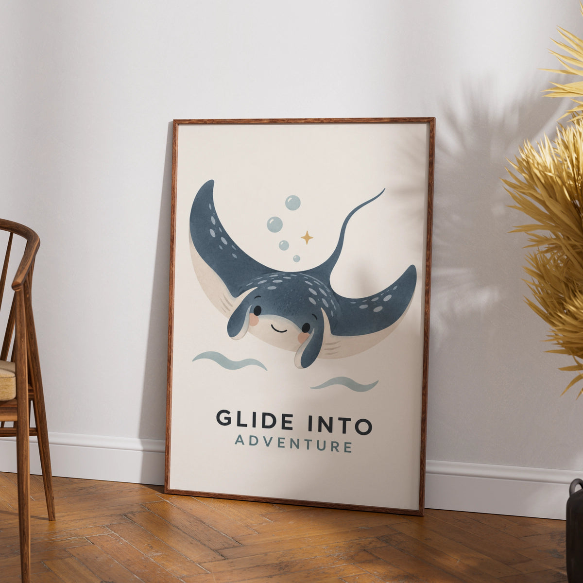 Glide Into Adventure Stingray Poster, Cute Ocean Kids Wall Art, Blue Nursery Print