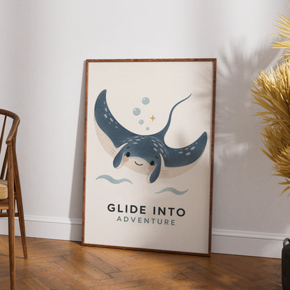 Glide Into Adventure Stingray Poster, Cute Ocean Kids Wall Art, Blue Nursery Print