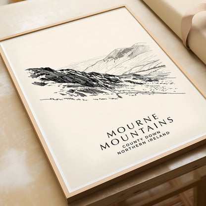 Mourne Mountains Poster, County Down Northern Ireland Wall Art, Line Drawing Print