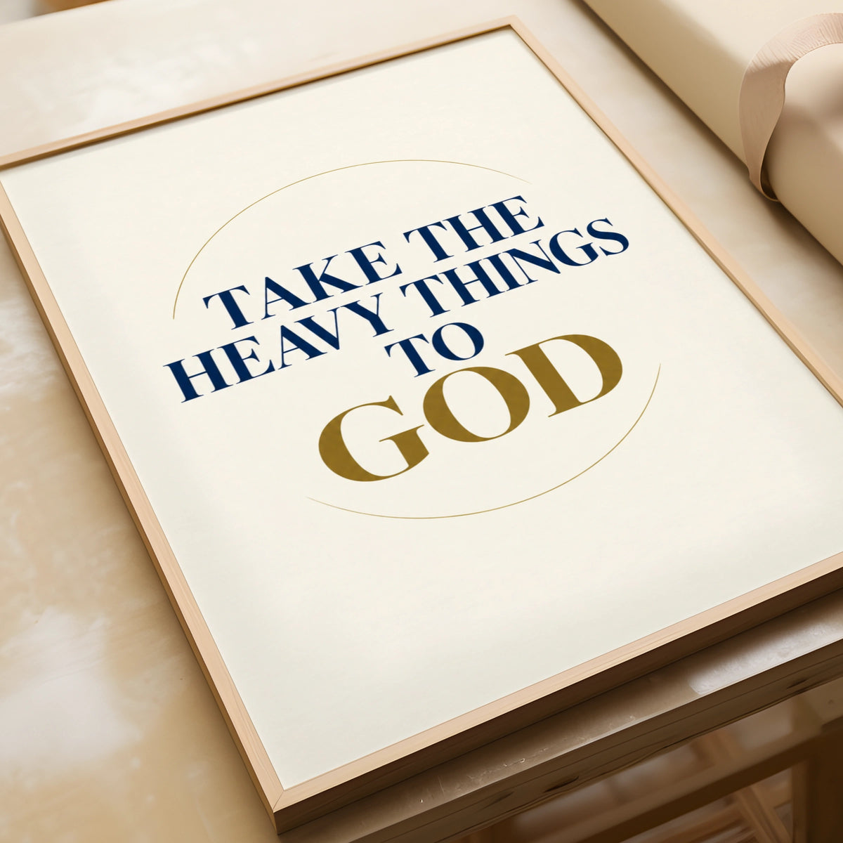 Take The Heavy Things To God Christian Wall Art, Faith Quote Poster, Navy Gold