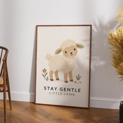 Stay Gentle Little Lamb Nursery Poster, Cute Sheep Wall Art, Baby Room Print