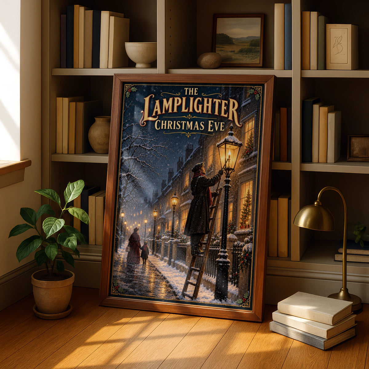 Victorian Christmas Eve Poster, Lamplighter Snow Street Wall Art, Dickensian Festive Print