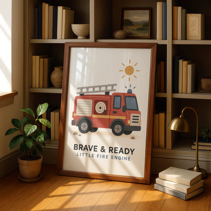 Fire Engine Kids Wall Art Print, Brave & Ready Little Fire Truck, Boys Nursery Poster