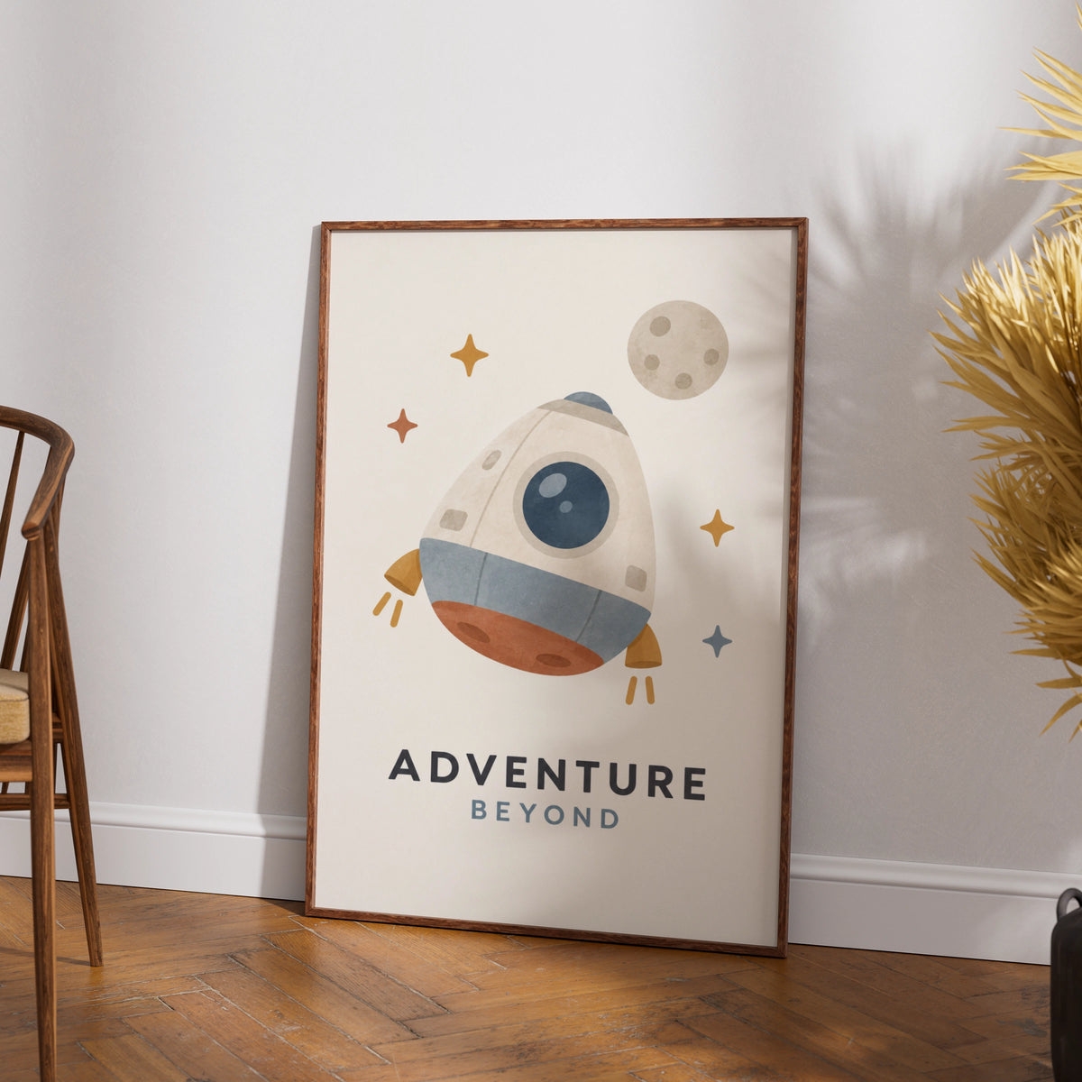 Adventure Beyond Space Rocket Poster, Kids Room Wall Art, Nursery Print, Boho Colours