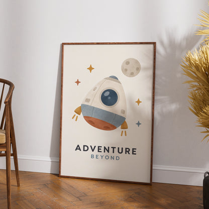 Adventure Beyond Space Rocket Poster, Kids Room Wall Art, Nursery Print, Boho Colours