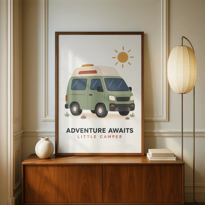 Adventure Awaits Little Camper Poster, Kids Camping Wall Art, Campervan Nursery Print, Van Life