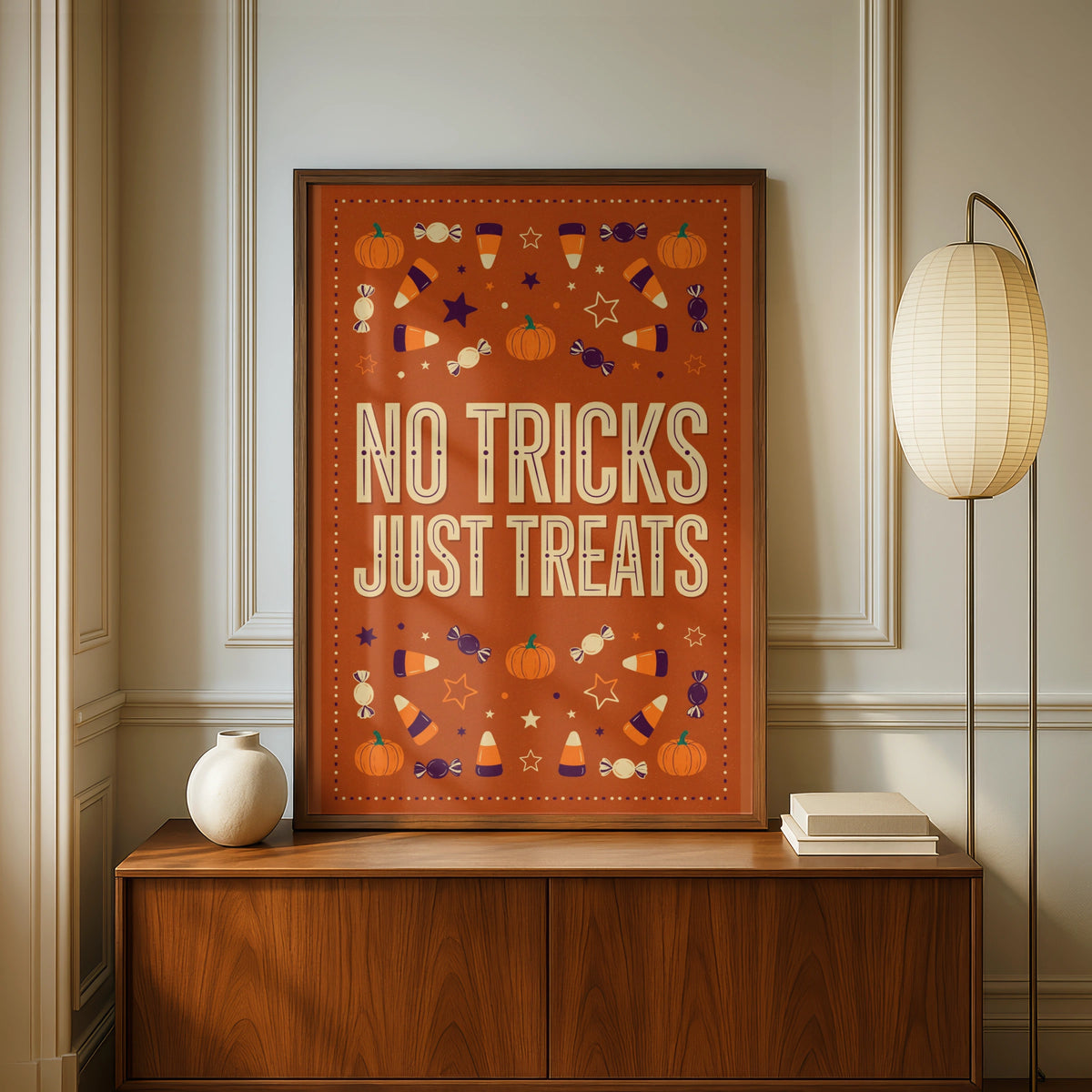 No Tricks Just Treats Halloween Poster, Candy Corn Pumpkin Orange Wall Art Print