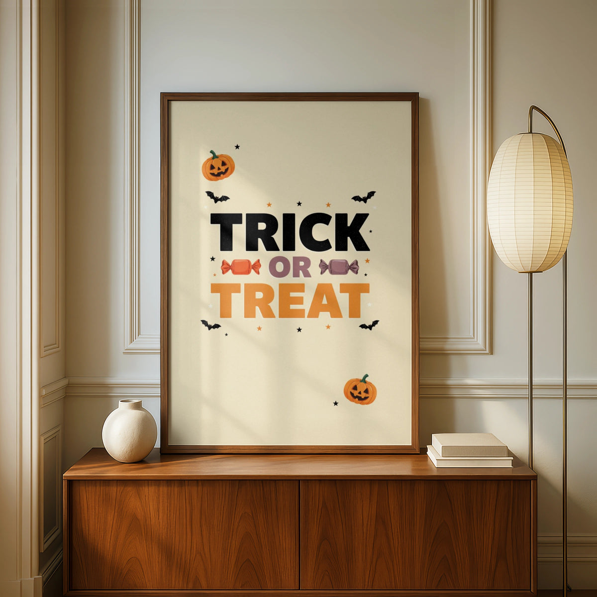 Trick or Treat Halloween Poster, Pumpkin Bat Candy Wall Art, Spooky Kids Print