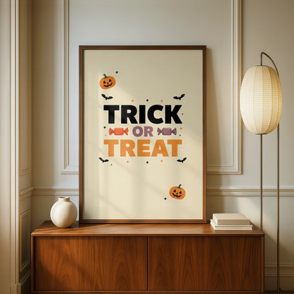 Trick or Treat Halloween Poster, Pumpkin Bat Candy Wall Art, Spooky Kids Print
