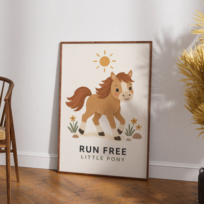 Run Free Little Pony Print, Cute Horse Nursery Wall Art, Kids Room Poster, Boho