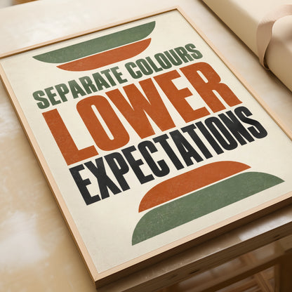 Lower Expectations Funny Quote Poster, Retro Humour Wall Art, Terracotta Green Home Print