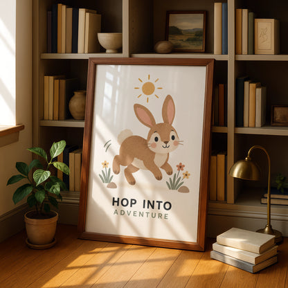 Hop Into Adventure Bunny Nursery Poster, Cute Rabbit Kids Wall Art Print