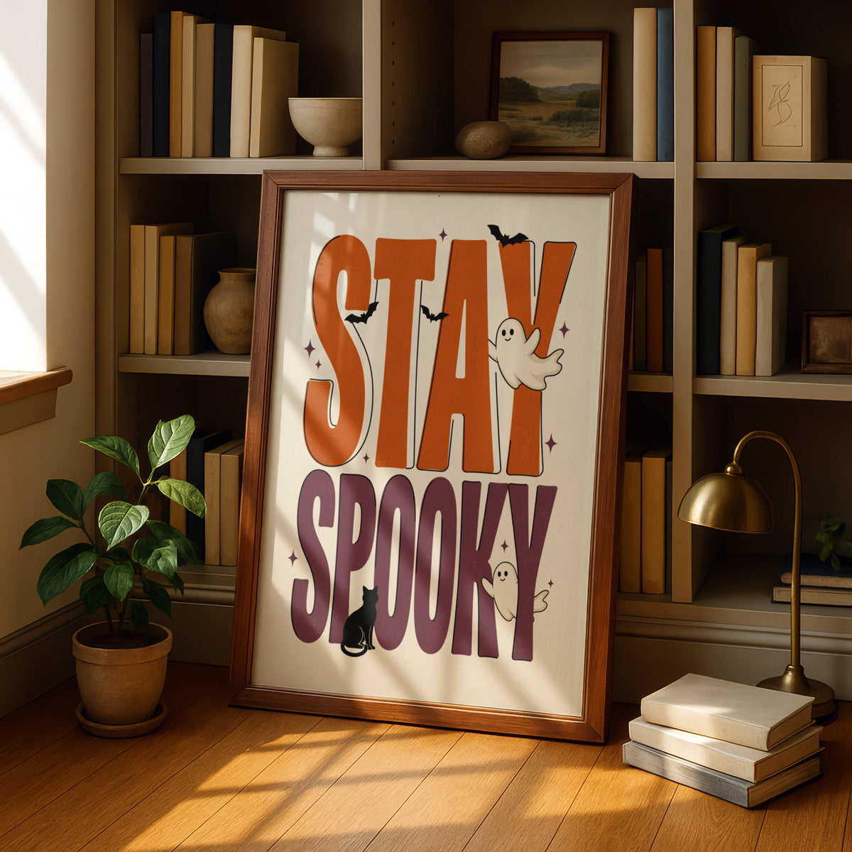 Stay Spooky Halloween Poster, Ghost Bat Black Cat Wall Art, Retro Orange Purple Print
