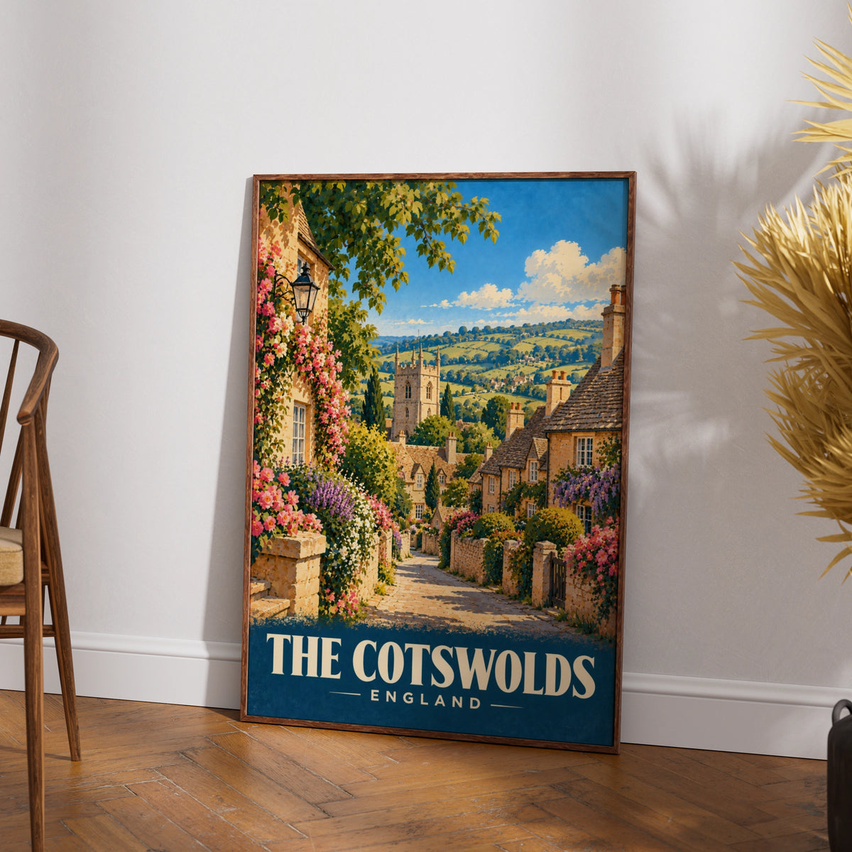 Cotswolds England Travel Poster, Vintage Village Wall Art, English Countryside Print