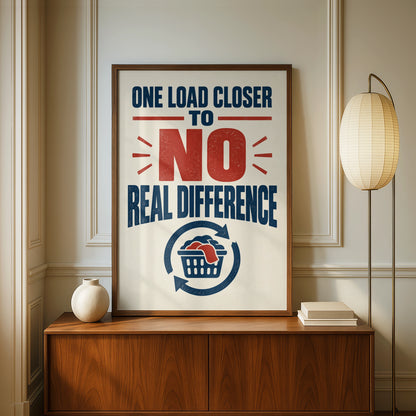 Funny Laundry Room Poster, One Load Closer Quote, Navy Red Vintage Typography Print