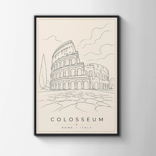 Colosseum Rome Italy Travel Poster, Minimalist Line Art Print, Roman Wall Art