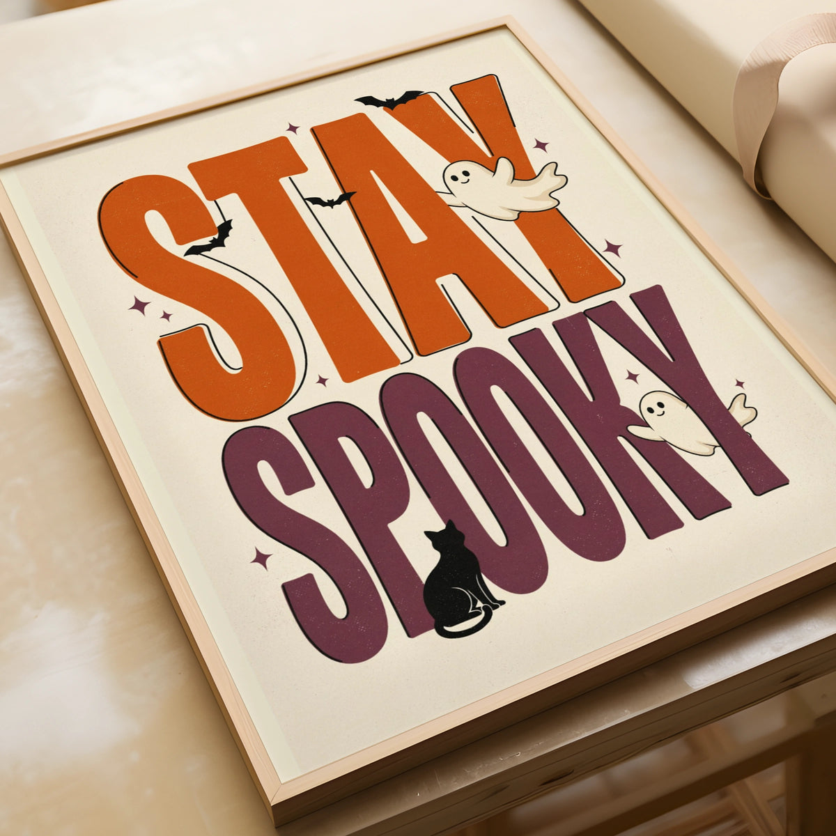 Stay Spooky Halloween Poster, Ghost Bat Black Cat Wall Art, Retro Orange Purple Print