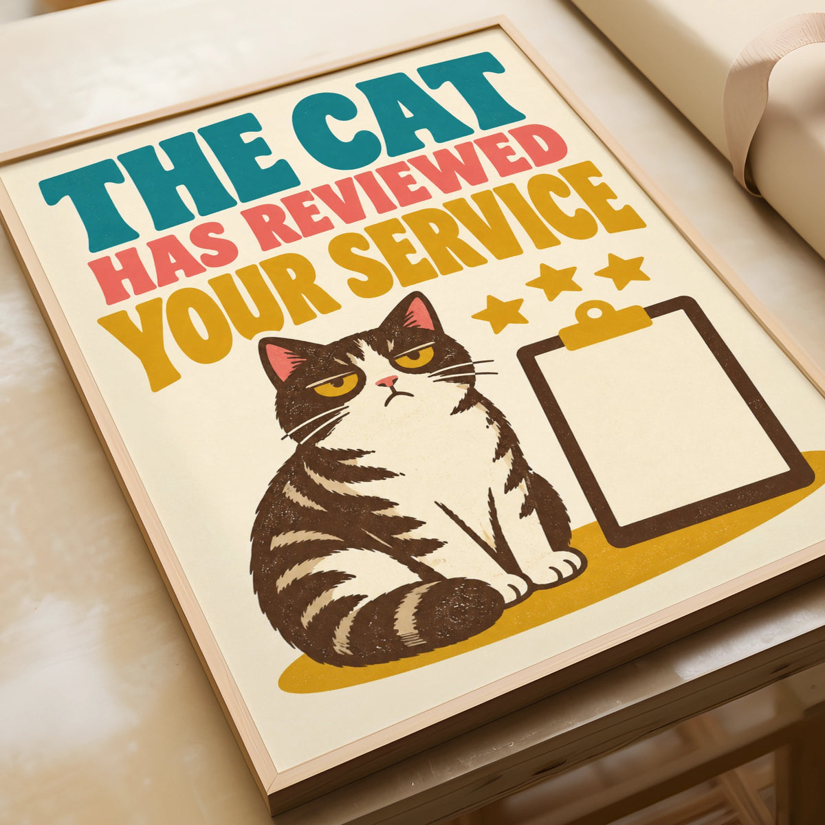 The Cat Has Reviewed Your Service Funny Cat Poster, Retro Grumpy Cat Wall Art