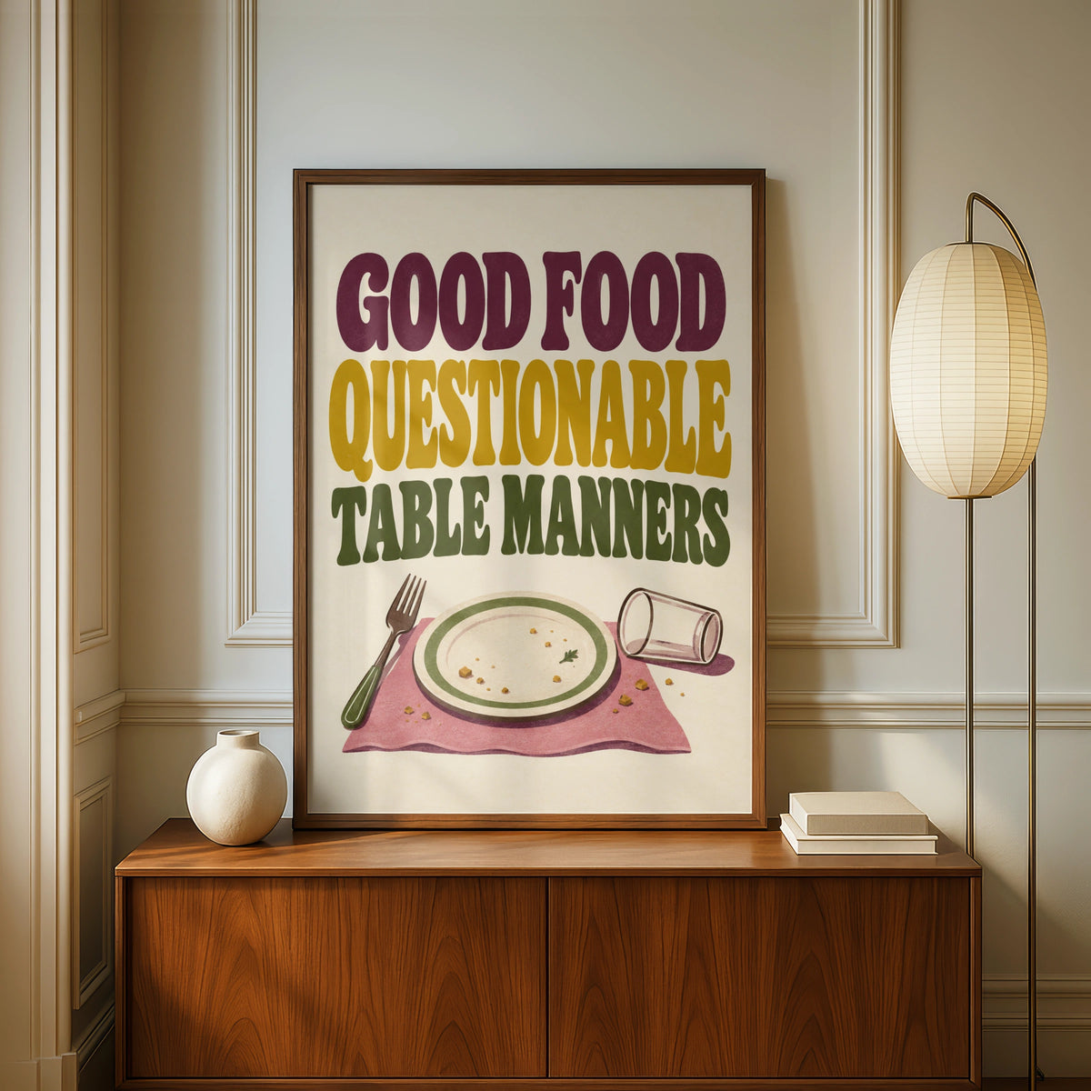 Good Food Questionable Table Manners Poster, Funny Kitchen Wall Art, Retro Dining