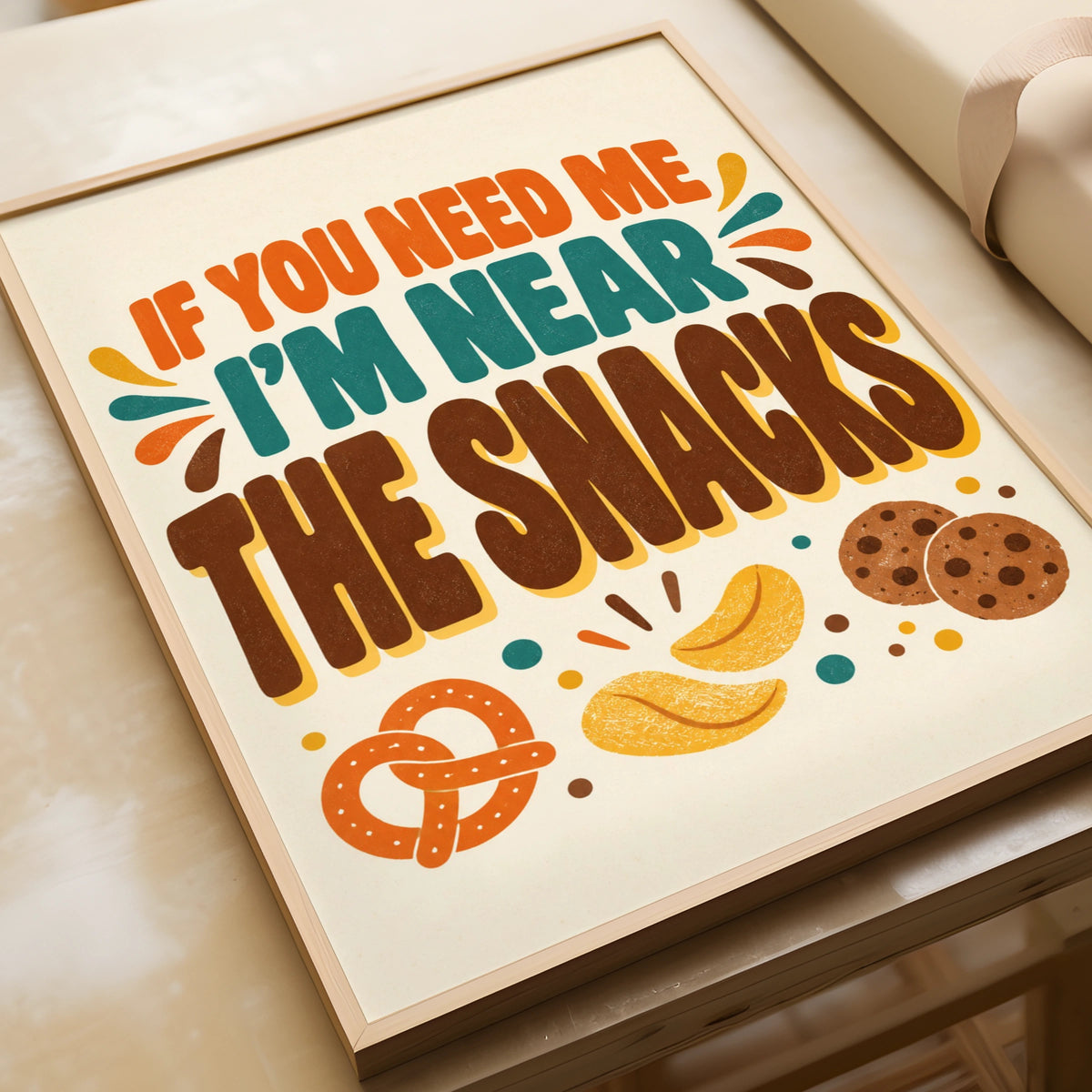 If You Need Me I'm Near The Snacks Funny Kitchen Poster, Retro Food Wall Art Print
