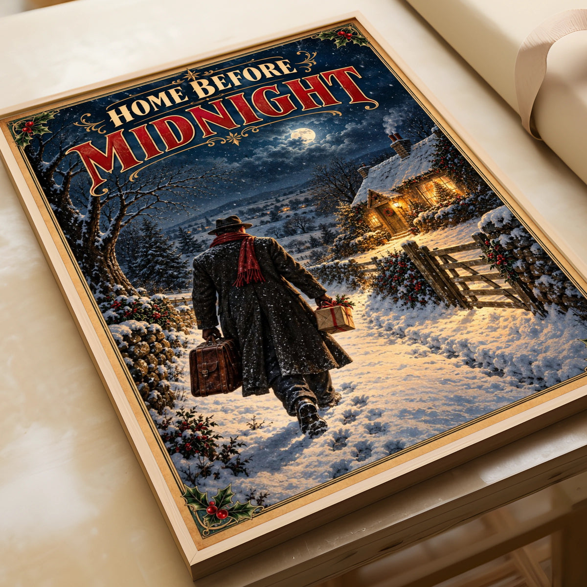 Home Before Midnight Winter Christmas Poster, Vintage Snowy Cottage Wall Art, Retro Holiday Print