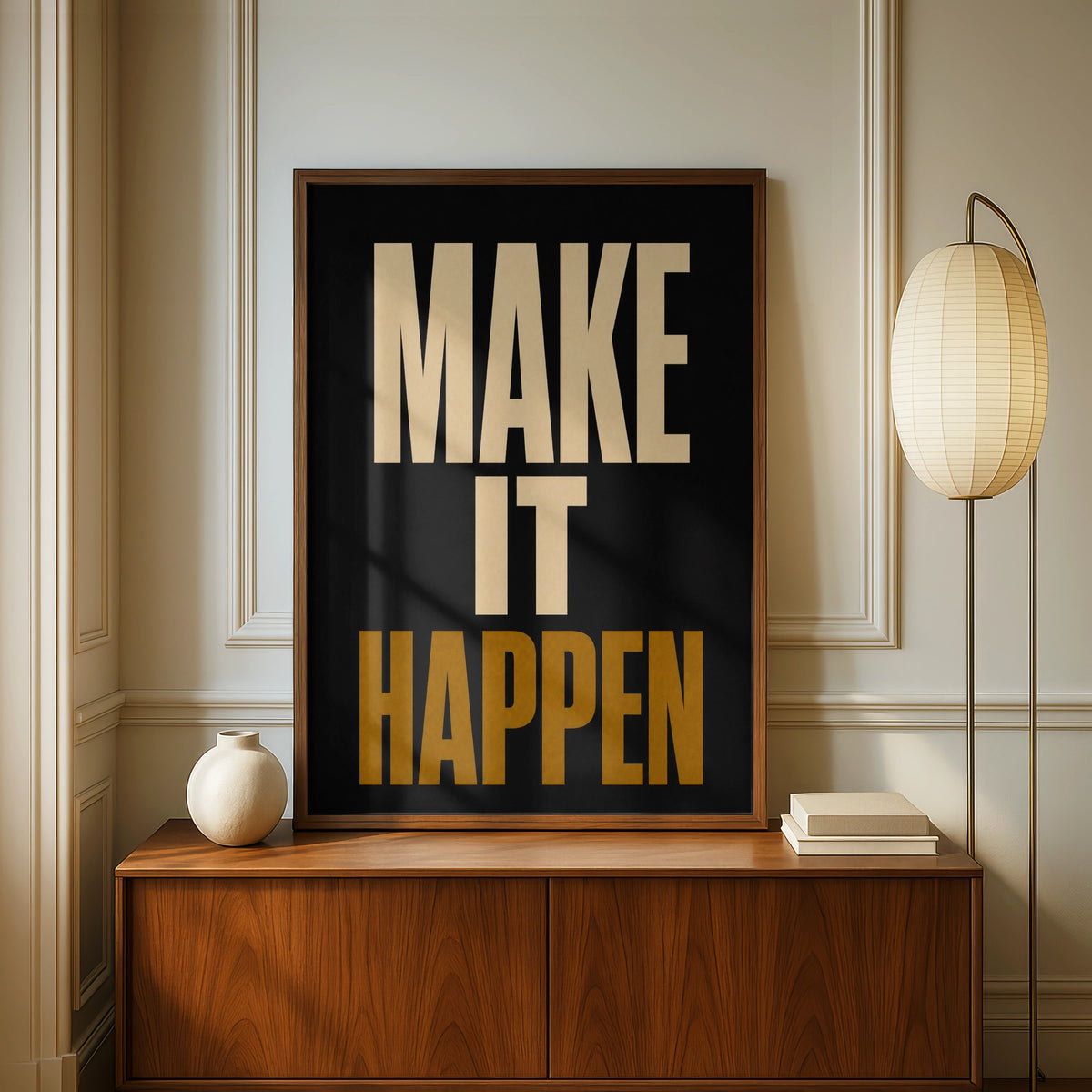 Make It Happen Motivational Quote Poster, Black Gold Bold Typography Wall Art