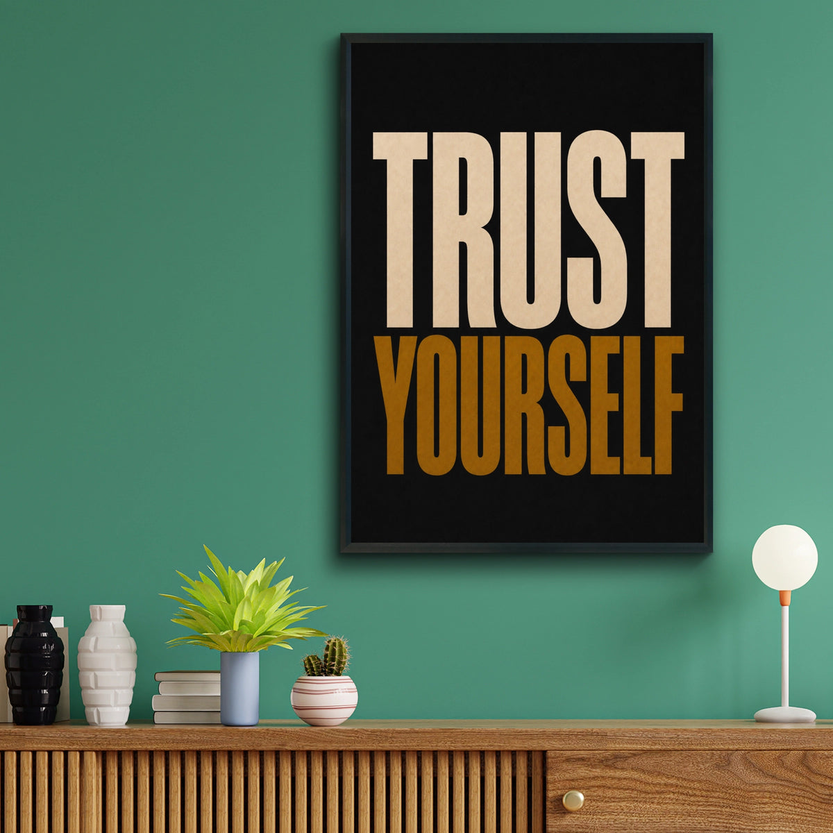 Trust Yourself Motivational Poster, Bold Typography Wall Art, Black Gold Print