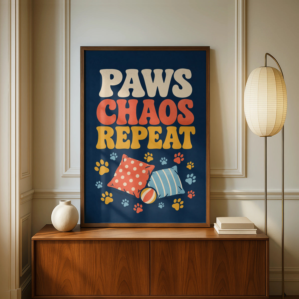 Paws Chaos Repeat Retro Dog Poster, Funny Pet Wall Art, Groovy Dog Owner Gift Print