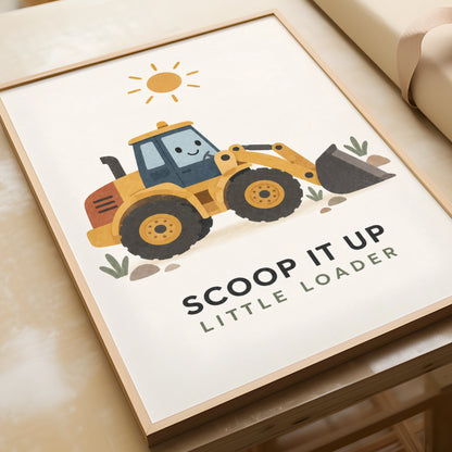 Cute Digger Poster, Kids Construction Wall Art, Boys Bedroom Print, Little Loader