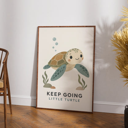 Keep Going Little Turtle Poster, Cute Ocean Nursery Wall Art, Kids Motivational Print