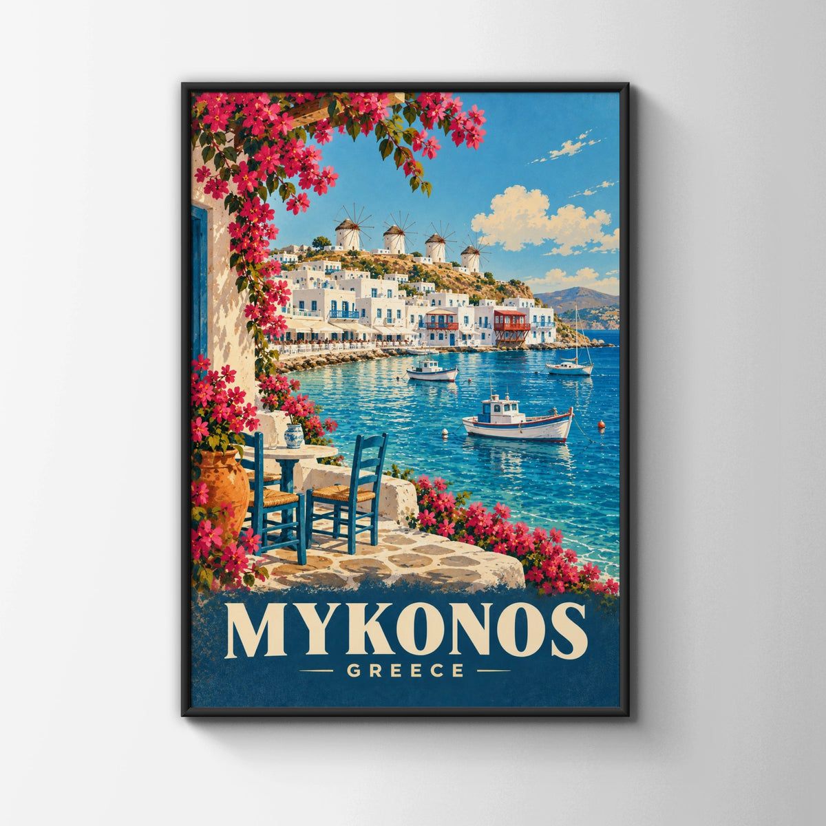 Mykonos Greece Travel Poster, Greek Island Wall Art, Aegean Sea Windmill Print